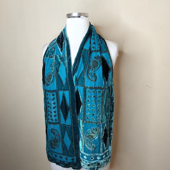 Teal Crushed Velvet Scarf Paisley Floral Geometric Sheer 58" x 9.5" - Picture 9 of 13
